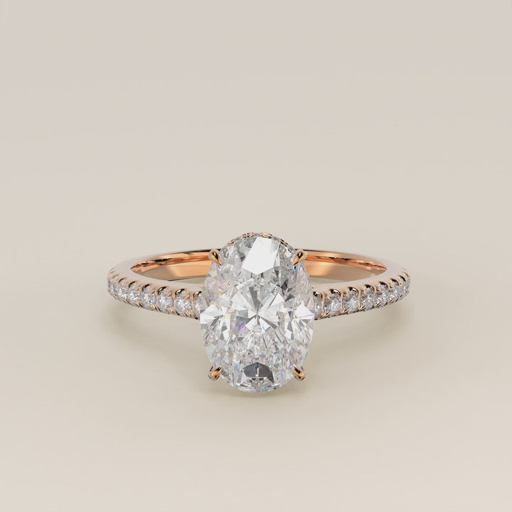 Lana - Oval Solitair Lab Grown Diamond Ring with Cathedral Setting, Pave Band and Wrap Around Halo