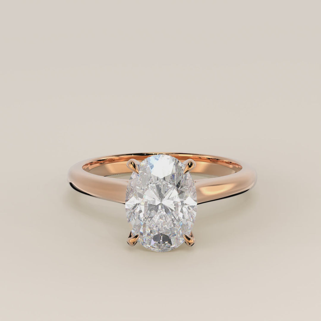 Verlovingsring ovaal lab grown diamant met cathedral setting, hidden halo en diamond bridge, rosegoud