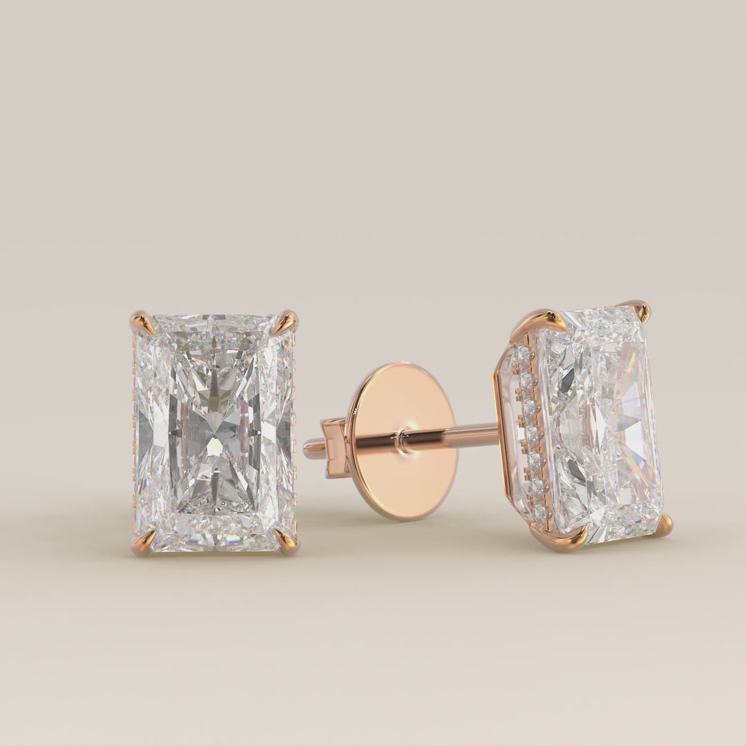 Stud oorbellen radiant lab grown diamant met hidden halo, rosegoud