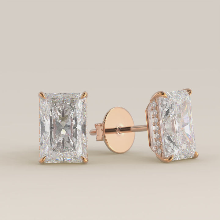 Stud oorbellen radiant lab grown diamant met hidden halo, rosegoud
