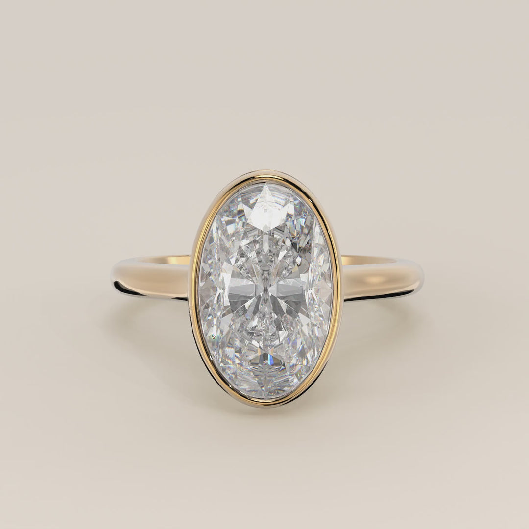 Zaar - Oval Lab Grown Diamond Ring Solitair with Bezel Setting, Cathedral Setting and Hidden Halo