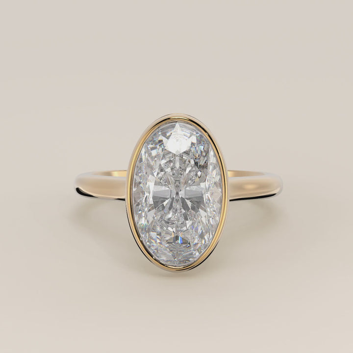 Zaar - Oval Lab Grown Diamond Ring Solitair with Bezel Setting, Cathedral Setting and Hidden Halo