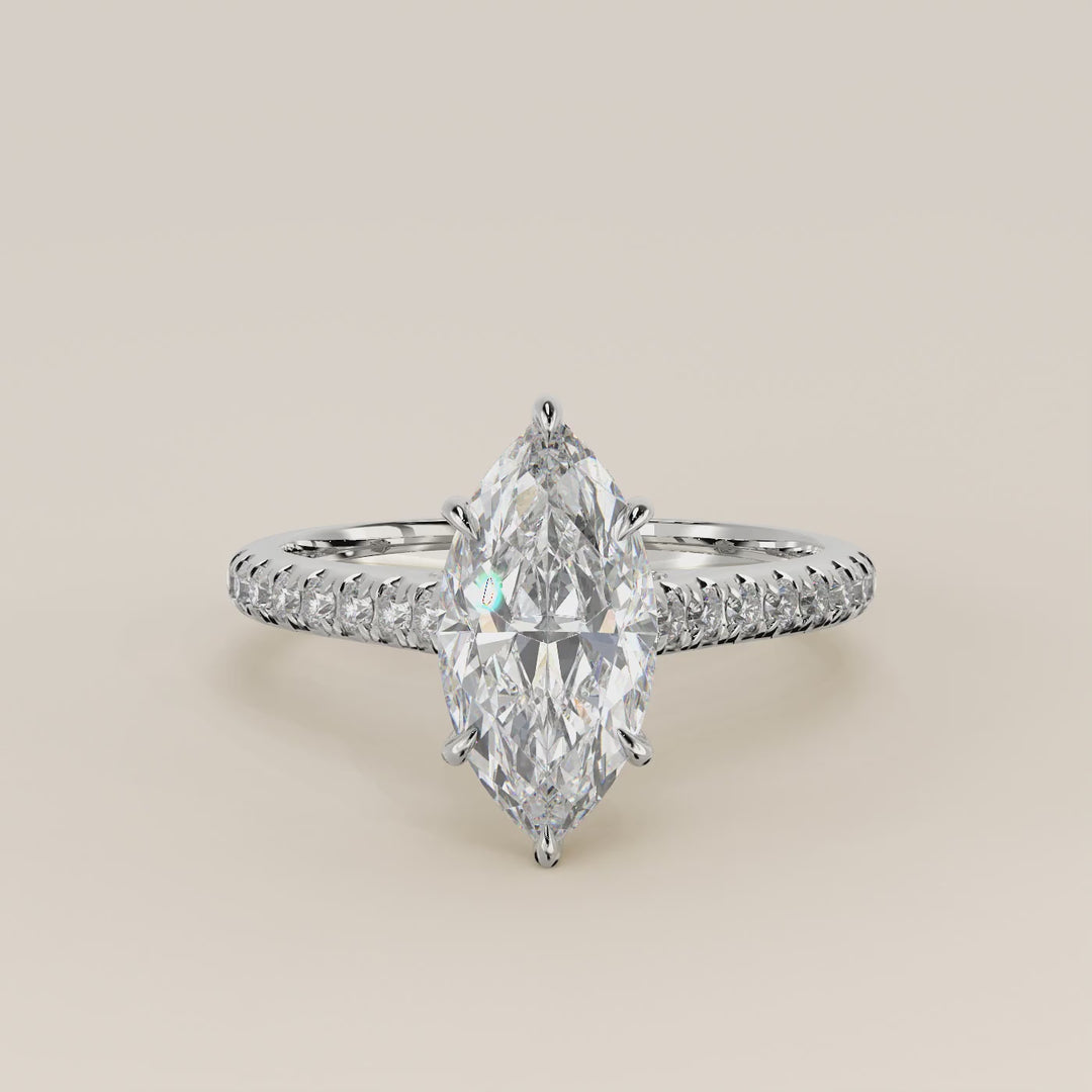 Verlovingsring marquise lab grown diamant met pave band, hidden halo en diamond bridge, witgoud