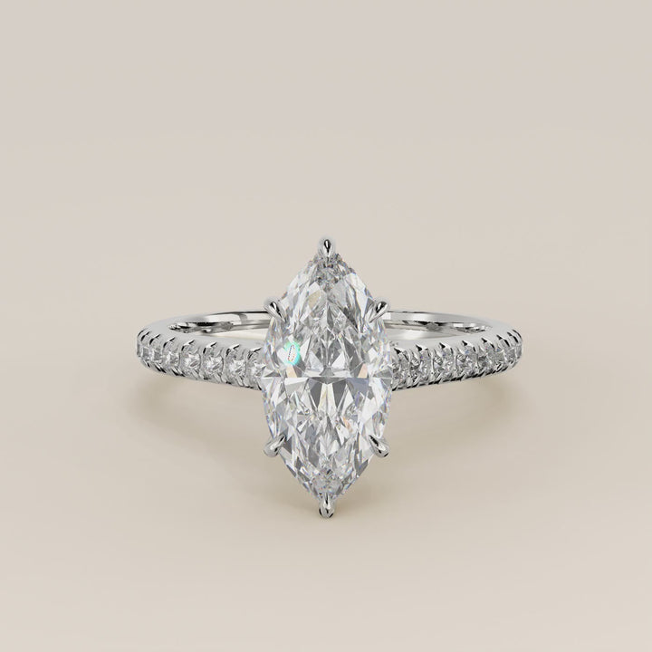 Verlovingsring marquise lab grown diamant met pave band, hidden halo en diamond bridge, witgoud