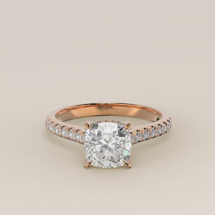 Verlovingsring cushion lab grown diamant met pave band, hidden halo en diamond bridge, rosegoud