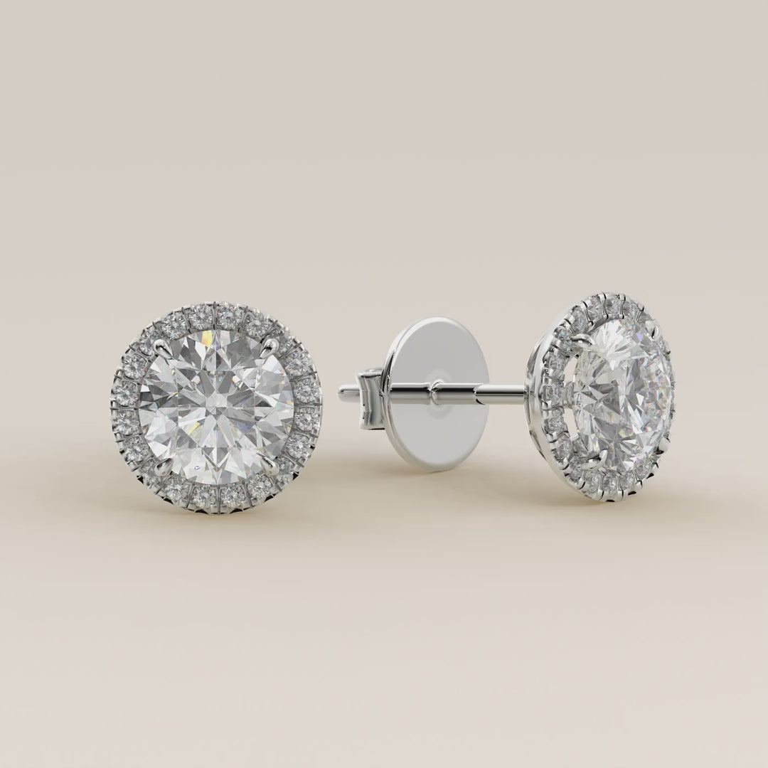 Stud oorbellen halo rond lab grown diamant, witgoud