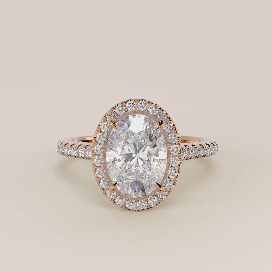 Romy - Oval Halo Lab Grown Diamond Ring with Pave Band and Diamond Bridge