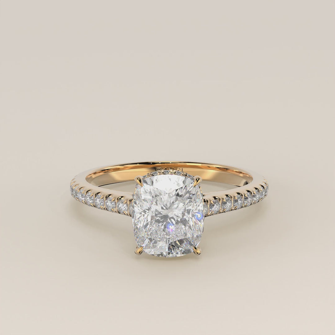 Lana - Elongated Cushion Solitair Lab Grown Diamond Ring with Cathedral Setting, Pave Band and Wrap Around Halo