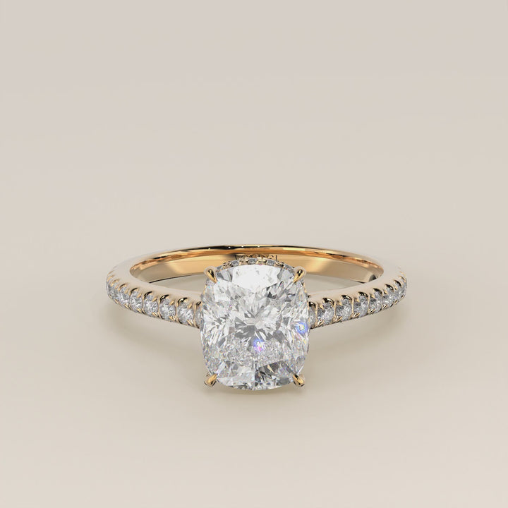 Lana - Elongated Cushion Solitair Lab Grown Diamond Ring with Cathedral Setting, Pave Band and Wrap Around Halo