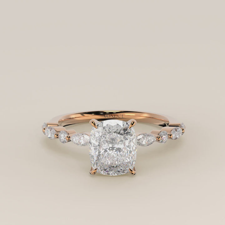Verlovingsring elongated cushion lab grown diamant met marquise- en ronde diamantband, rosegoud