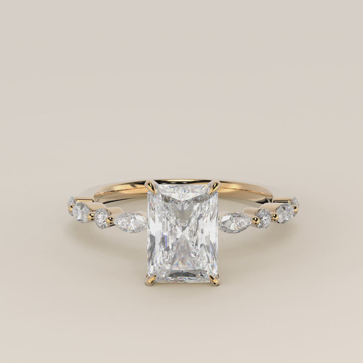Verlovingsring radiant lab grown diamant met marquise- en ronde diamantband, geelgoud
