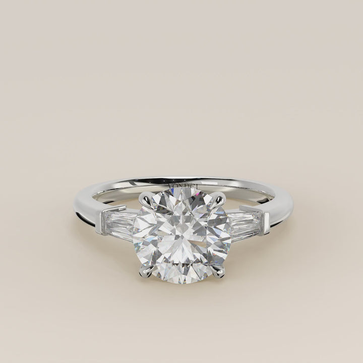 Alessia - Round Baguette Trilogyy Lab Grown Diamond Ring with Pointed Prongs