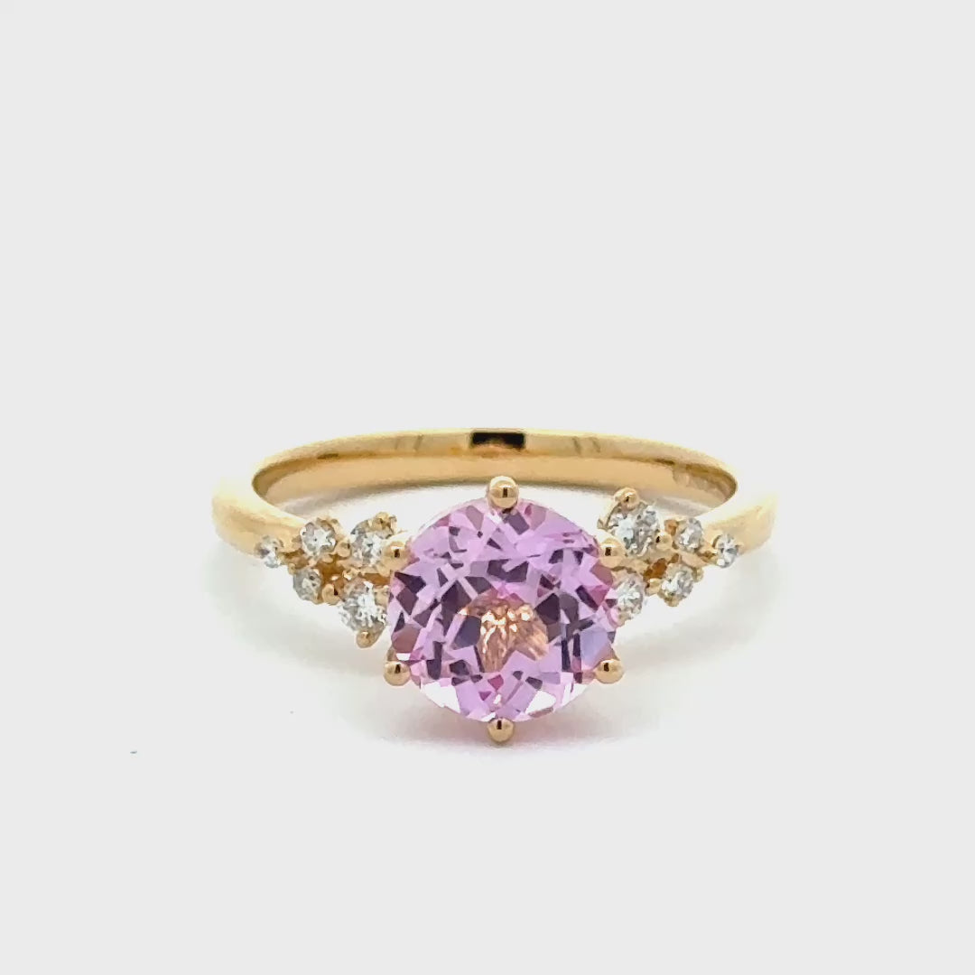 Pink Sapphire 2 ct Round Brilliant Ring met Diamant  - 18K Geelgoud