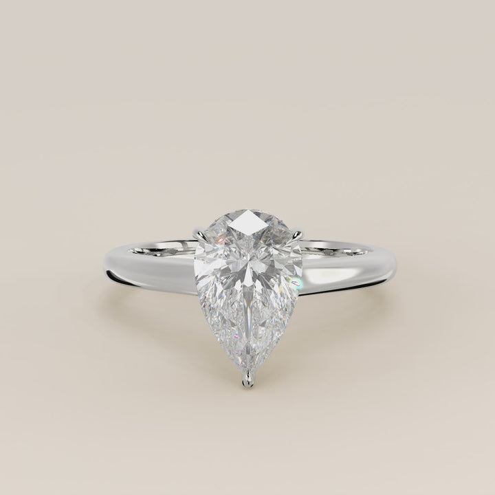 Verlovingsring peer lab grown diamant met cathedral setting, hidden halo en diamond bridge, witgoud
