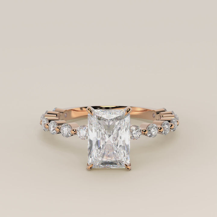 Verlovingsring radiant lab grown diamant met ronde diamanten band, rosegoud