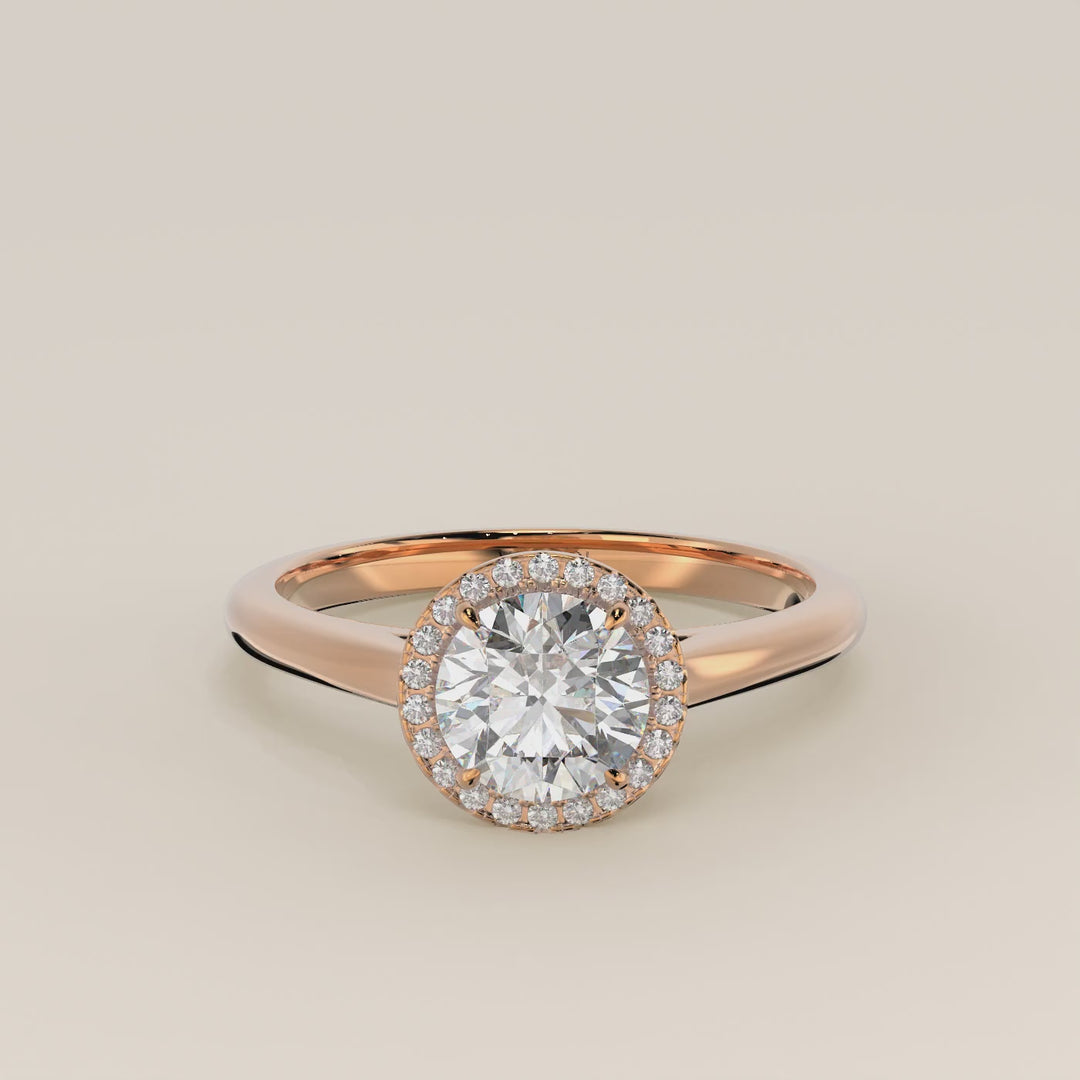 Verlovingsring rond halo lab grown diamant met cathedral en hoge zetting, rosegoud