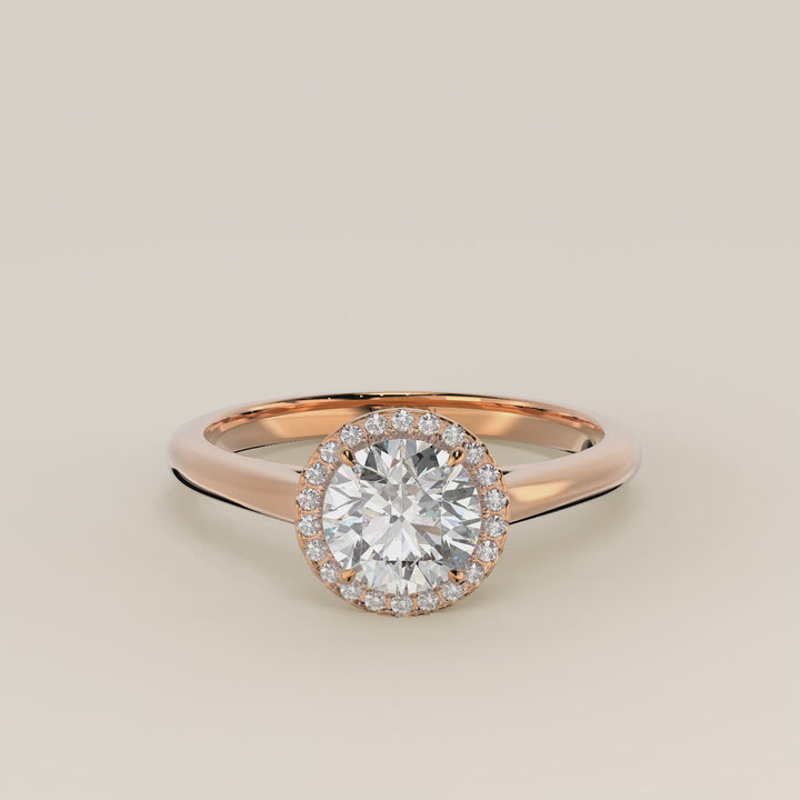 Verlovingsring rond halo lab grown diamant met cathedral en hoge zetting, rosegoud