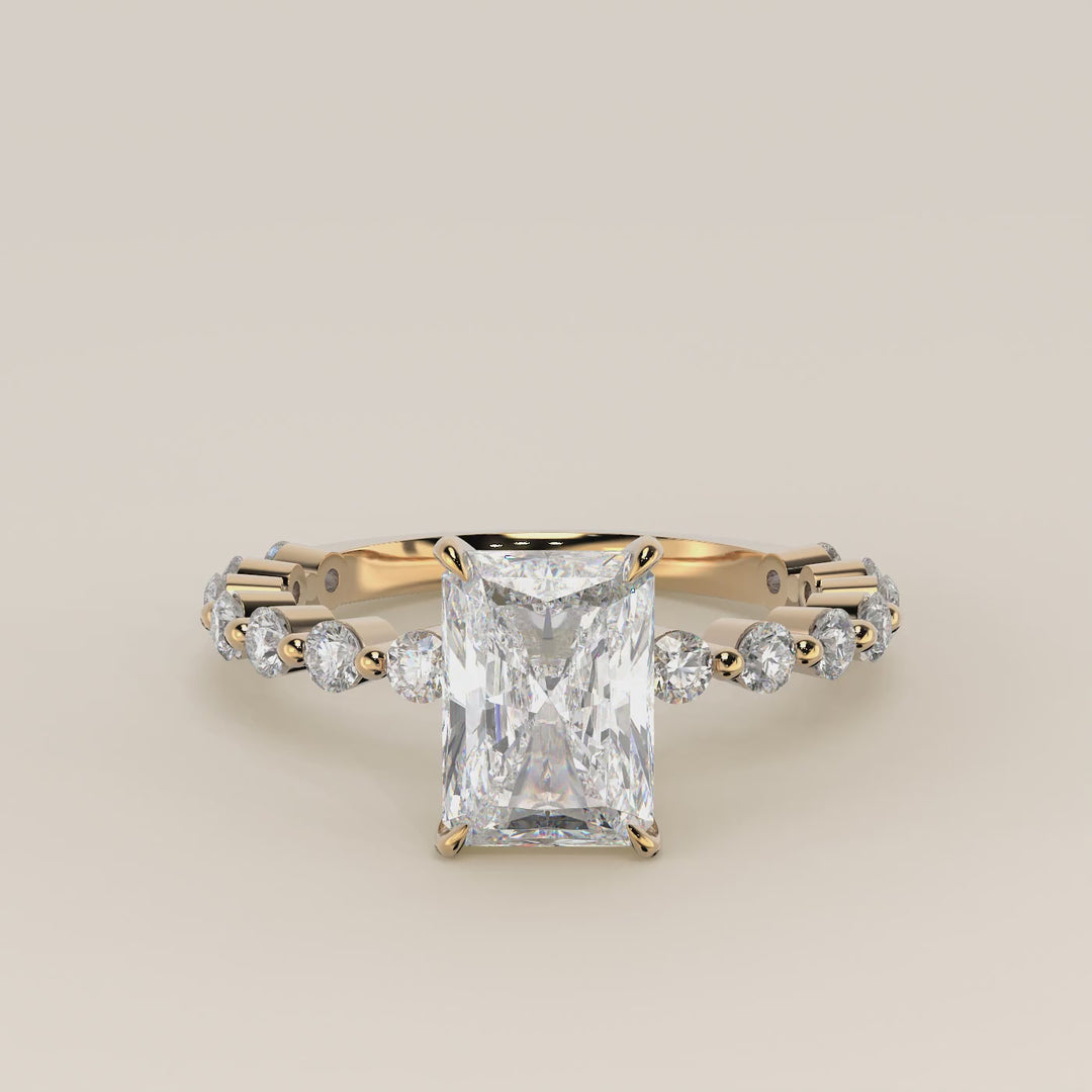 Verlovingsring radiant lab grown diamant met ronde diamanten band, geelgoud