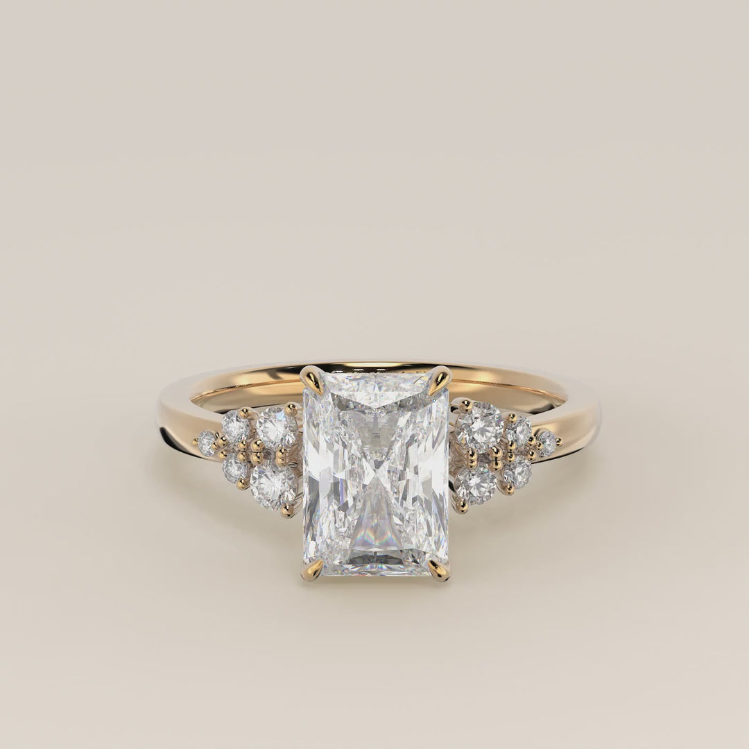 Verlovingsring radiant lab grown diamant met snowdrift en hidden halo, geelgoud