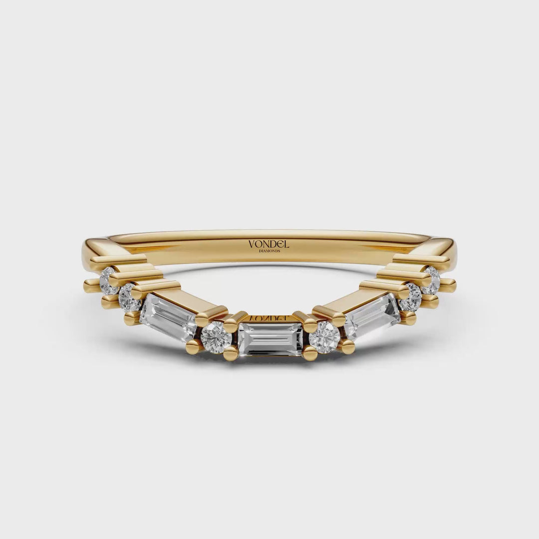 Curved Rijring met Baguette en Rond Briljant Geslepen Diamanten  - 18K Geelgoud - 0,19 ct