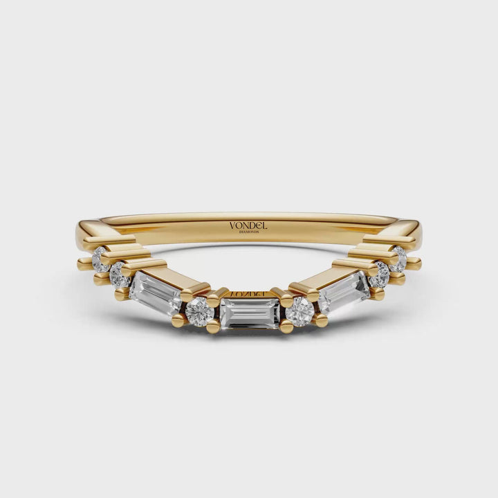 Curved Rijring met Baguette en Rond Briljant Geslepen Diamanten  - 18K Geelgoud - 0,19 ct