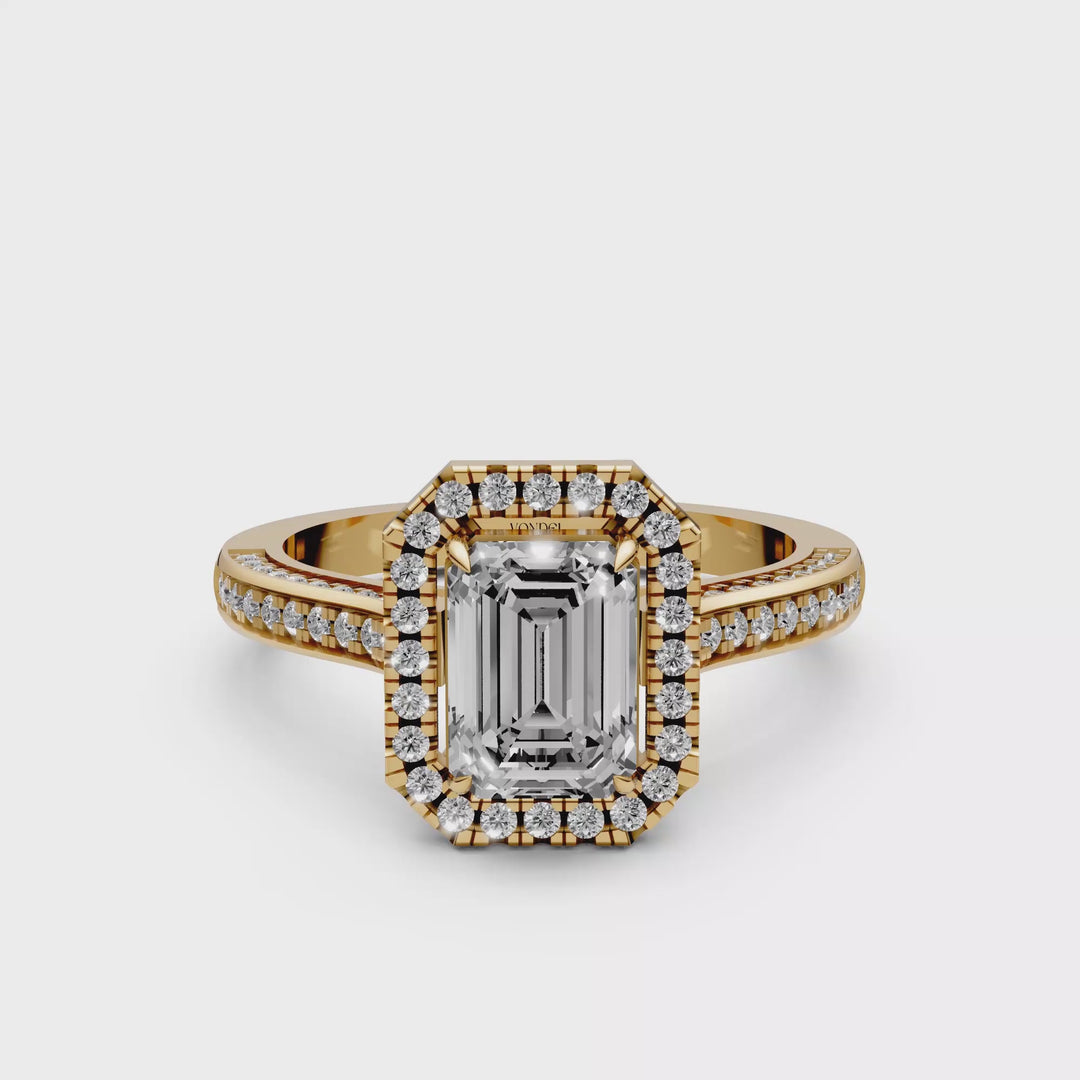 Emerald Halo Ring met 3 Zijden Pave Gezette Band - 18K Witgoud - 2,07 ct