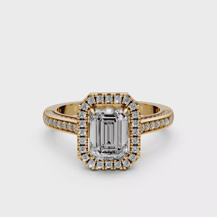Emerald Halo Ring met 3 Zijden Pave Gezette Band - 18K Witgoud - 2,07 ct