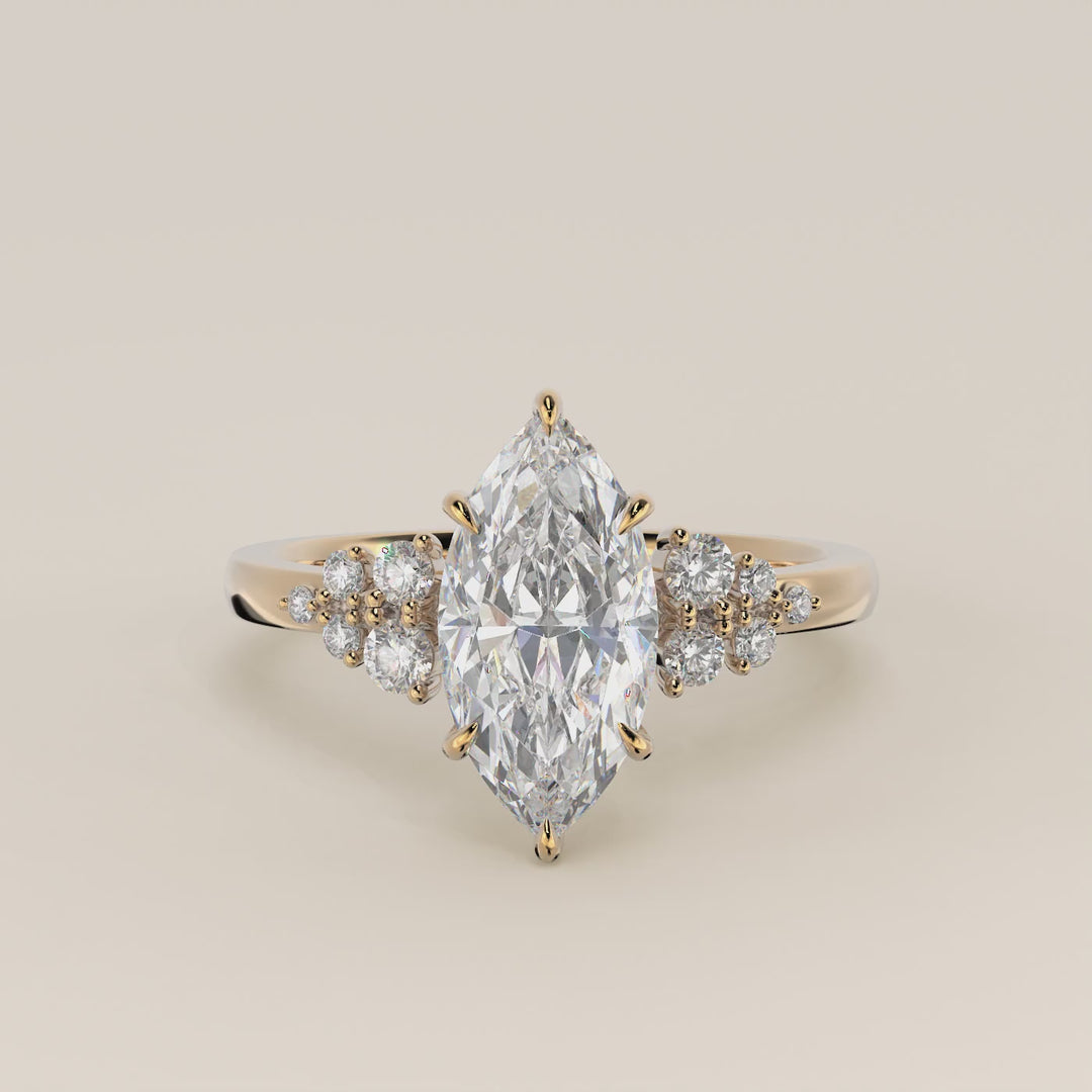 Verlovingsring marquise lab grown diamant met snowdrift en hidden halo, geelgoud