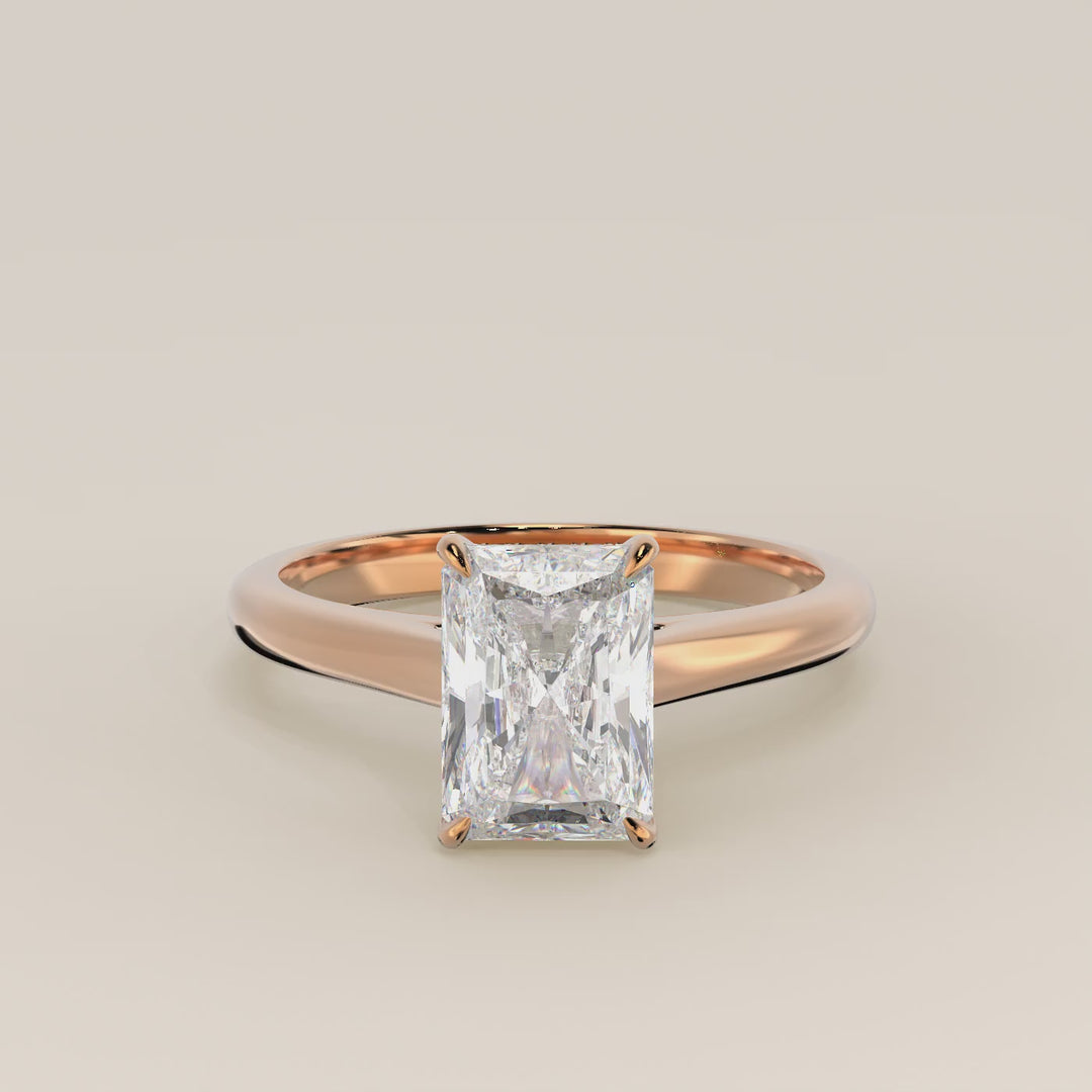 Verlovingsring radiant lab grown diamant met cathedral setting en hidden halo, rosegoud