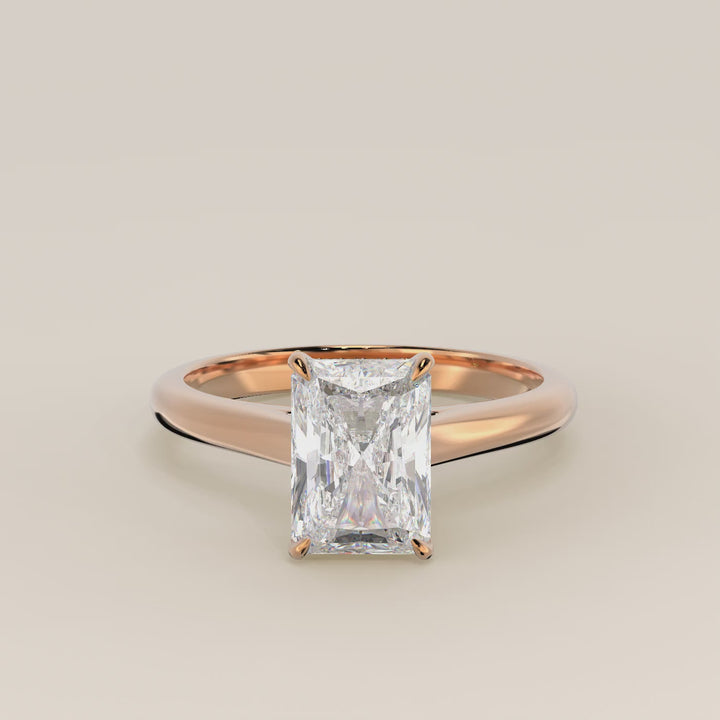 Verlovingsring radiant lab grown diamant met cathedral setting en hidden halo, rosegoud