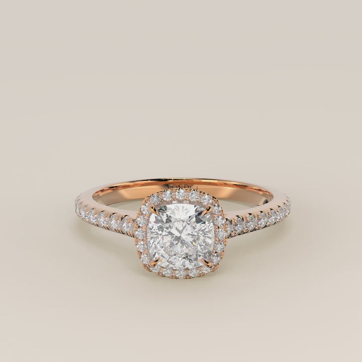 Bague Rosie - Diamants de laboratoire sertis halo coussin et anneau pavé