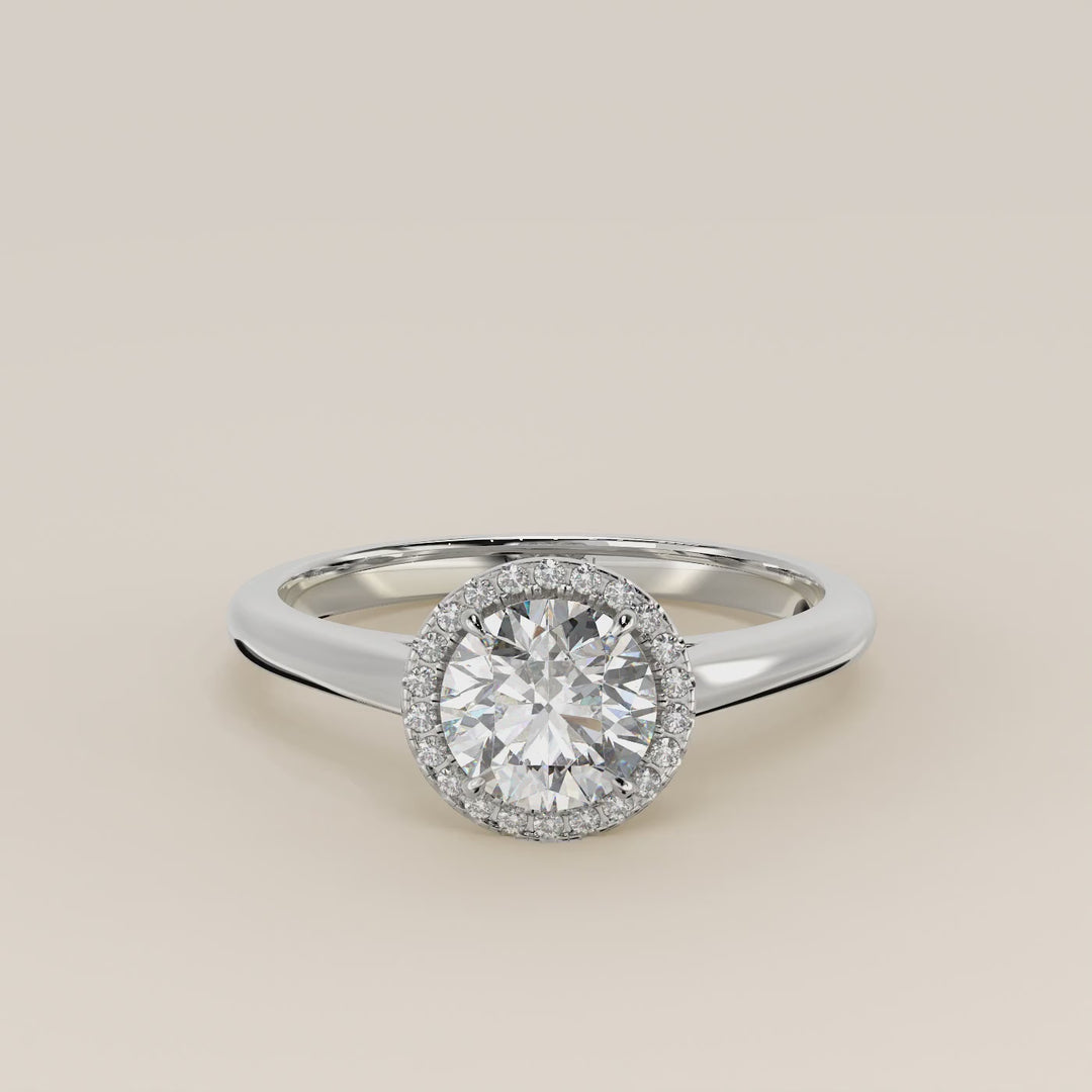 Verlovingsring rond halo lab grown diamant met cathedral en hoge zetting, witgoud