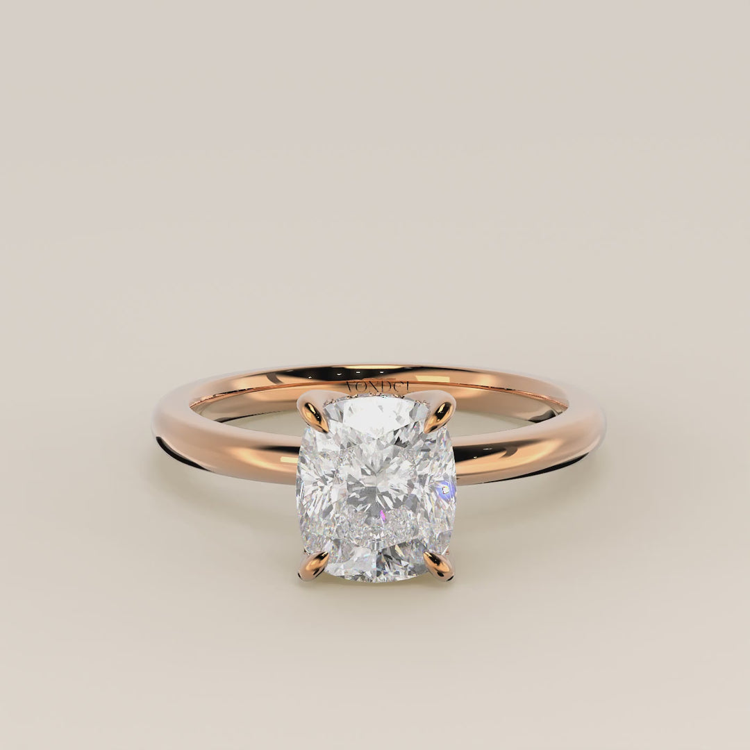 Lynn - Elongated Cushion Solitair Lab Grown Diamond Ring with Petal Prongs and Hidden Halo