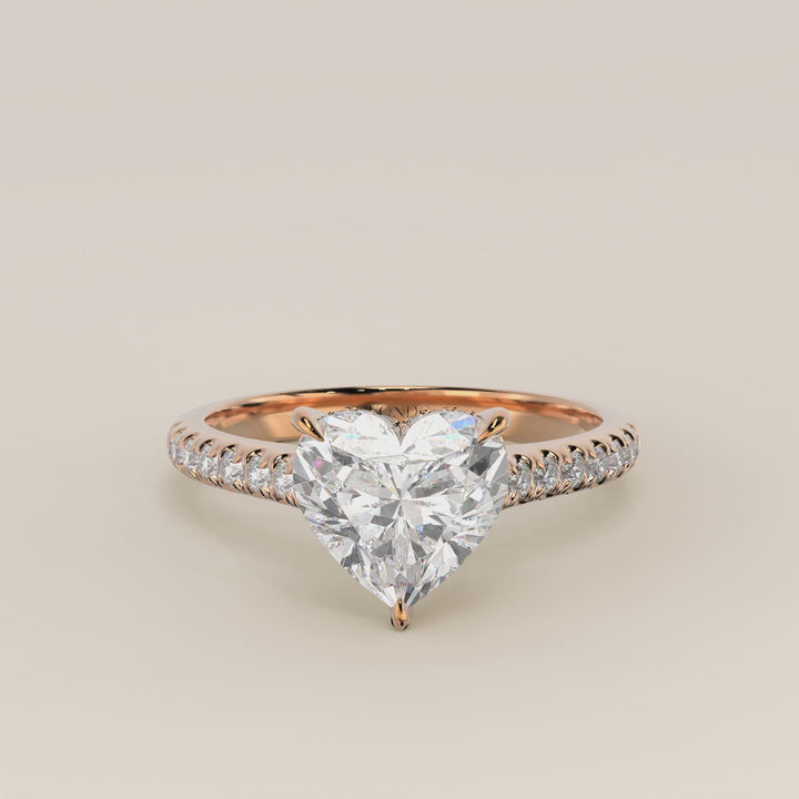 Verlovingsring hart lab grown diamant met pave band, hidden halo en diamond bridge, rosegoud