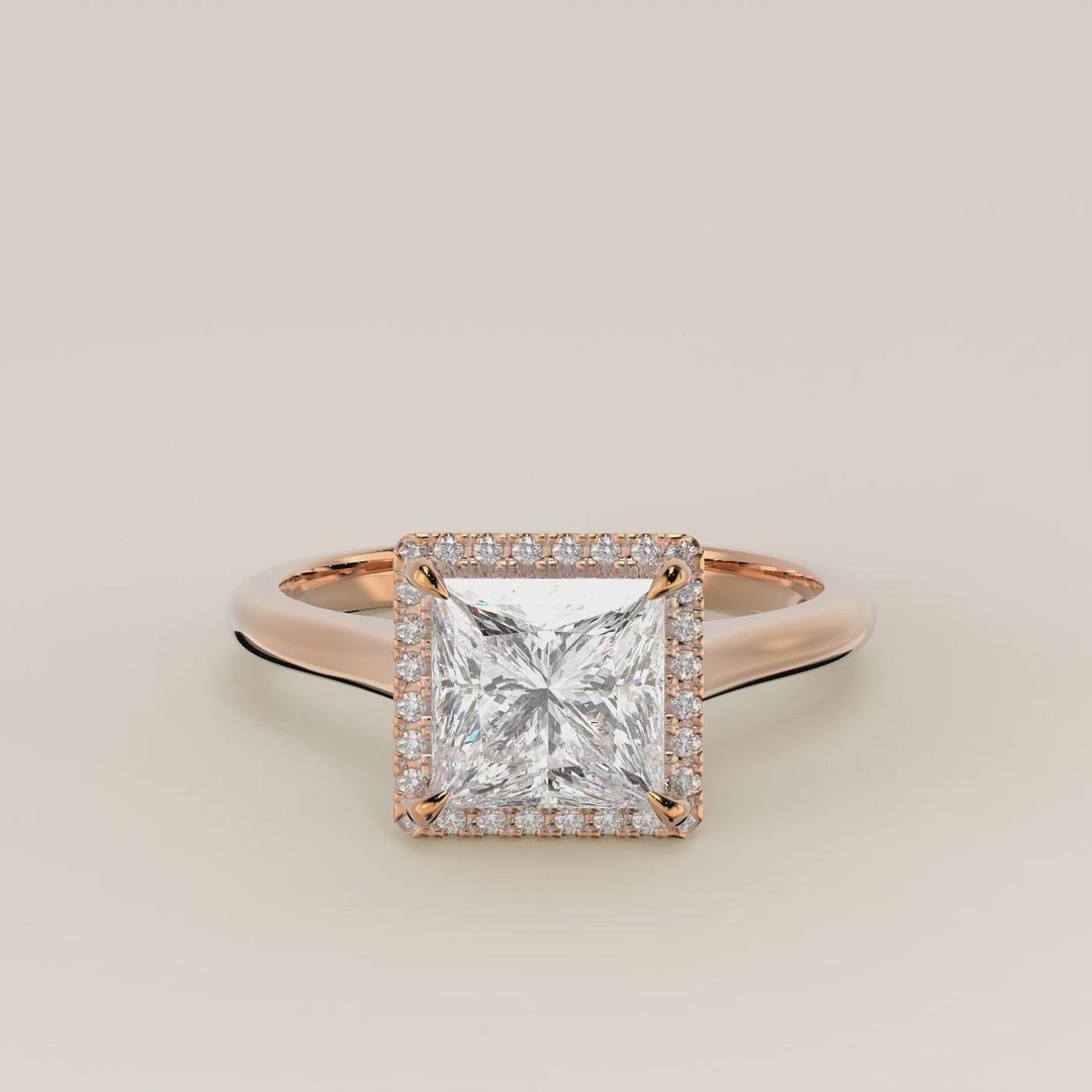 Verlovingsring princess halo lab grown diamant met cathedral en hoge zetting, rosegoud