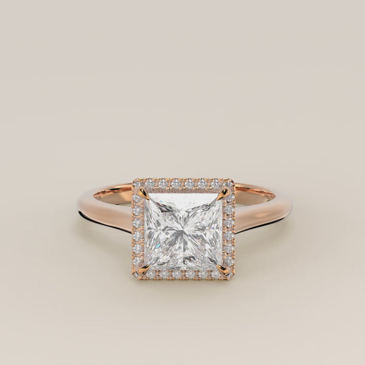 Verlovingsring princess halo lab grown diamant met cathedral en hoge zetting, rosegoud