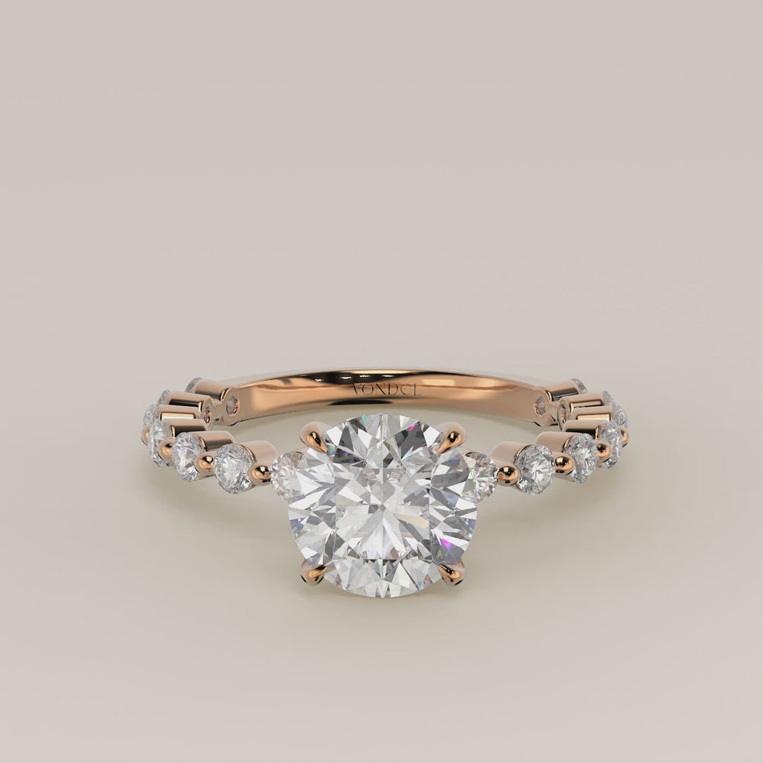 Verlovingsring rond lab grown diamant met ronde diamanten band, rosegoud