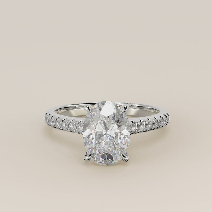 Verlovingsring ovaal lab grown diamant met pave band, hidden halo en diamond bridge, witgoud