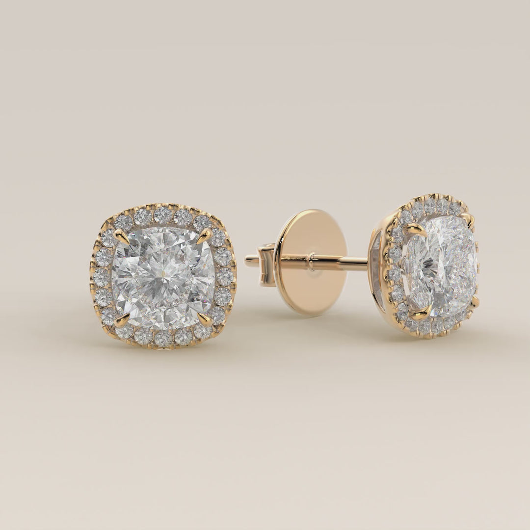 Stud oorbellen halo cushion lab grown diamant, geelgoud
