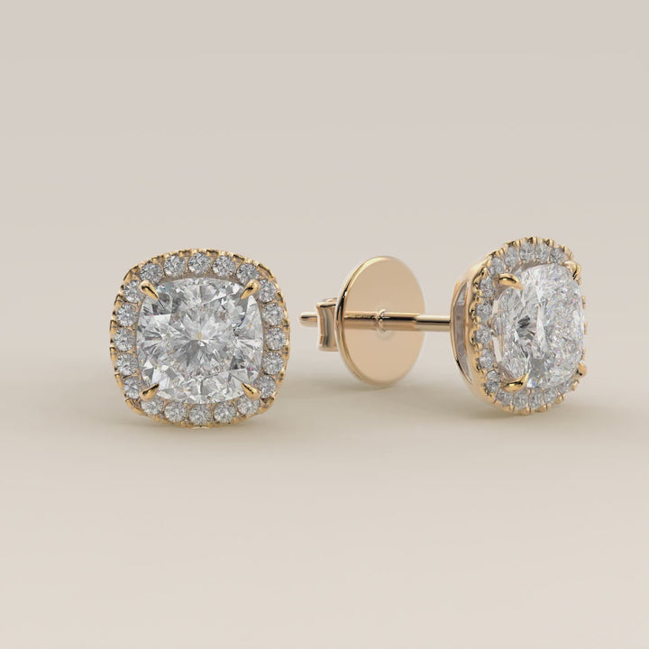 Stud oorbellen halo cushion lab grown diamant, geelgoud