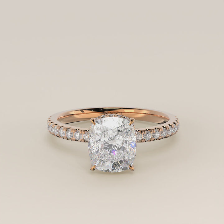 Sydney - Elongated Cushion Solitair Lab Grown Diamond Ring with Wrap Around Halo and Pave Band