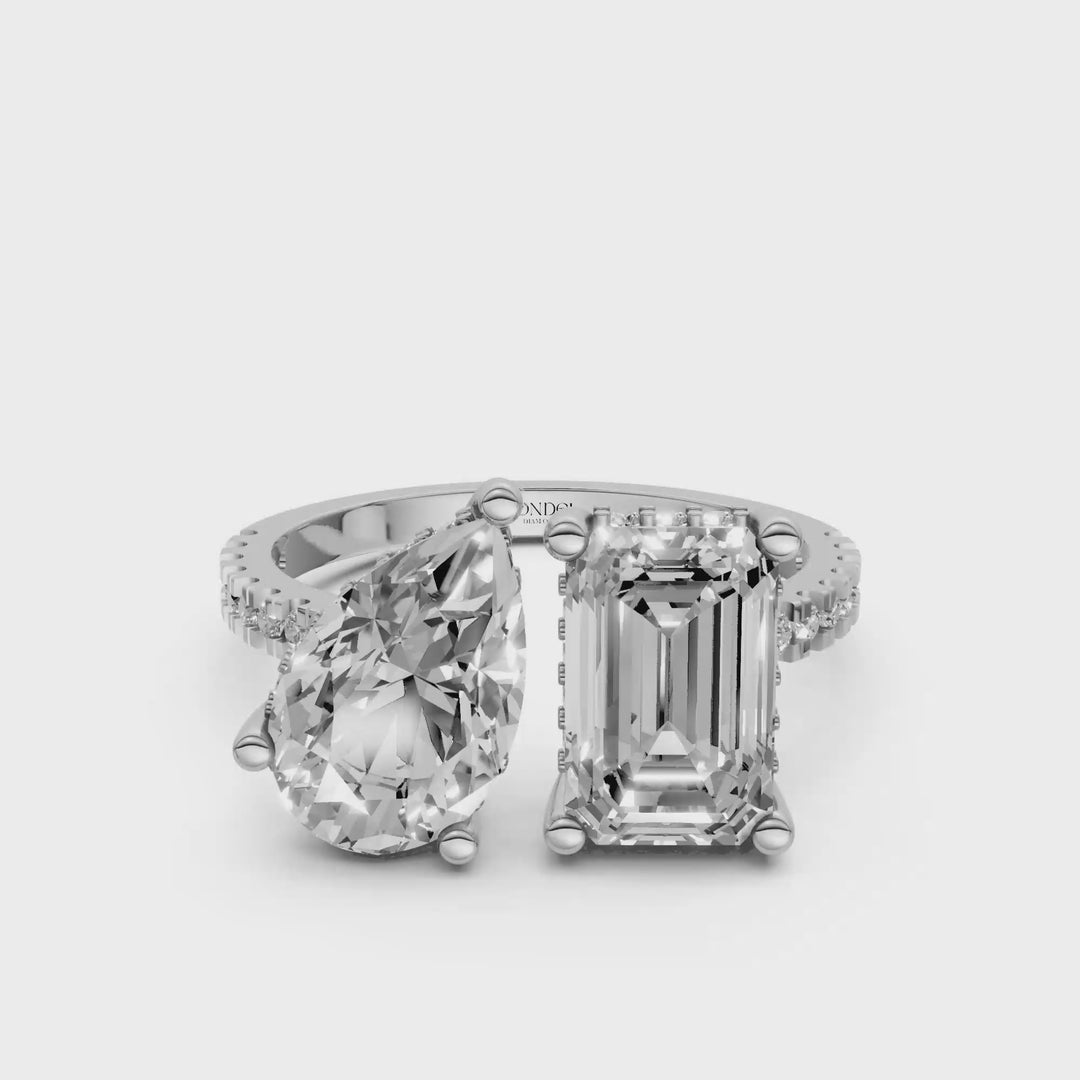 Toi et Moi Ring - Emerald Peer met Hidden Halo en Pave Band - 18K Goud - 3,60 ct