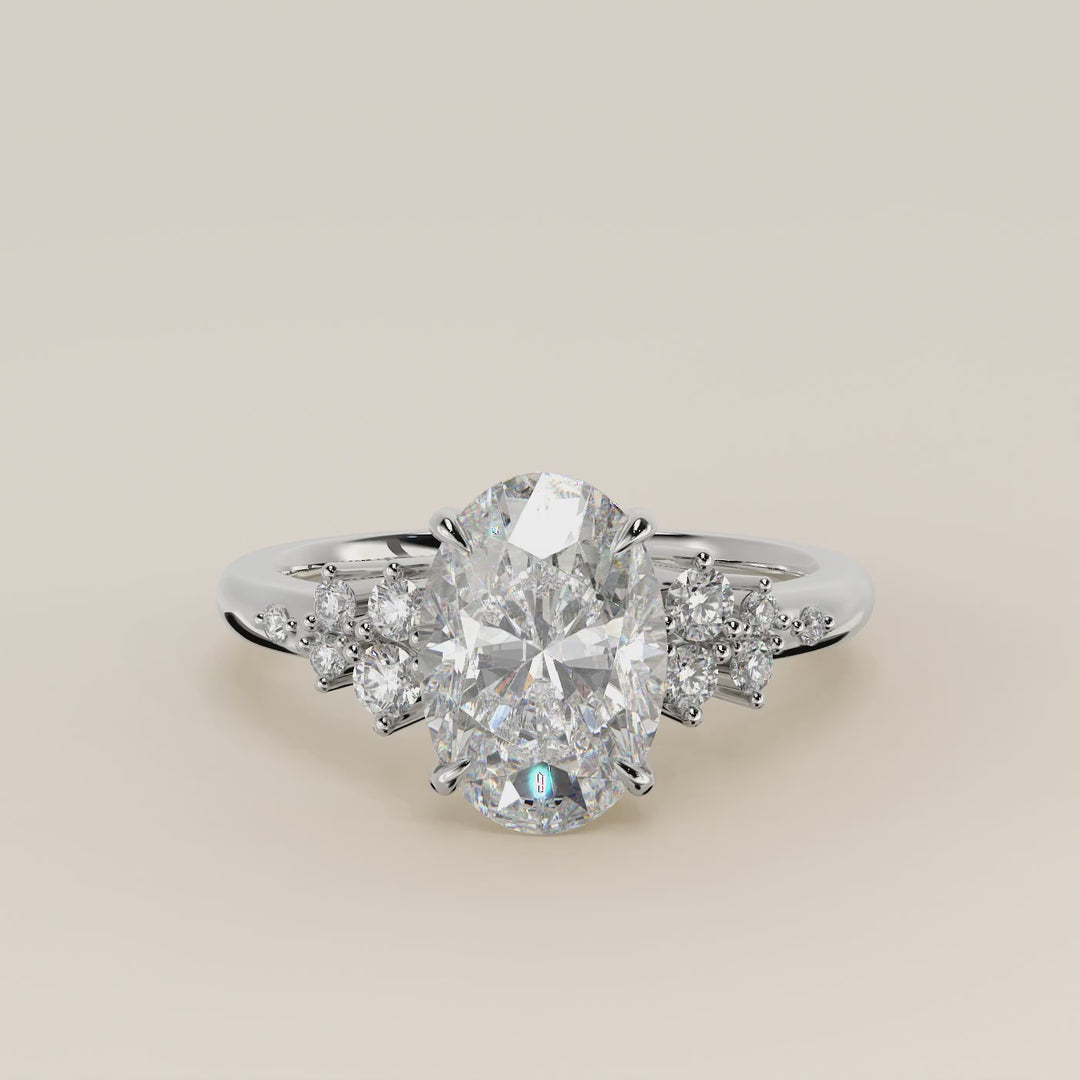 Verlovingsring ovaal lab grown diamant met hidden halo en lage zetting, witgoud
