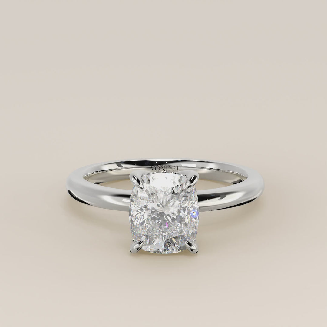Lynn - Elongated Cushion Solitair Lab Grown Diamond Ring with Petal Prongs and Hidden Halo