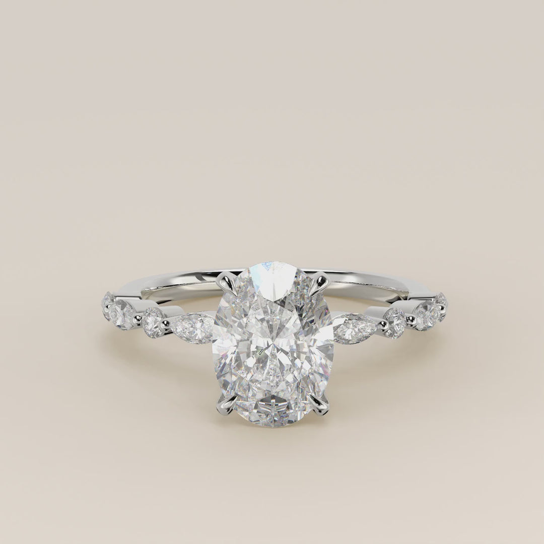 Verlovingsring ovaal lab grown diamant met marquise- en ronde diamantband, witgoud