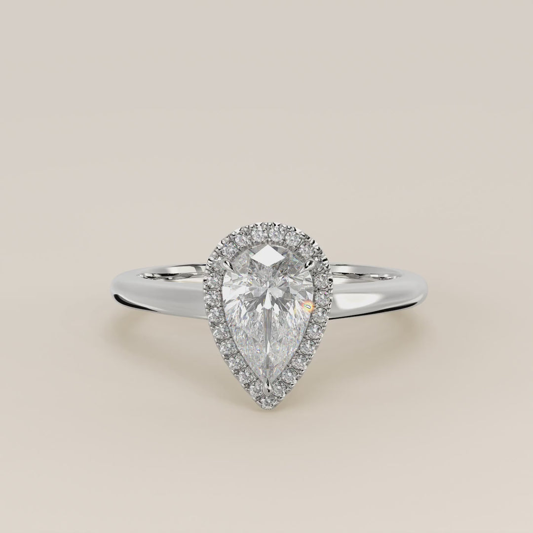 Verlovingsring peer halo lab grown diamant met cathedral en hoge zetting, witgoud