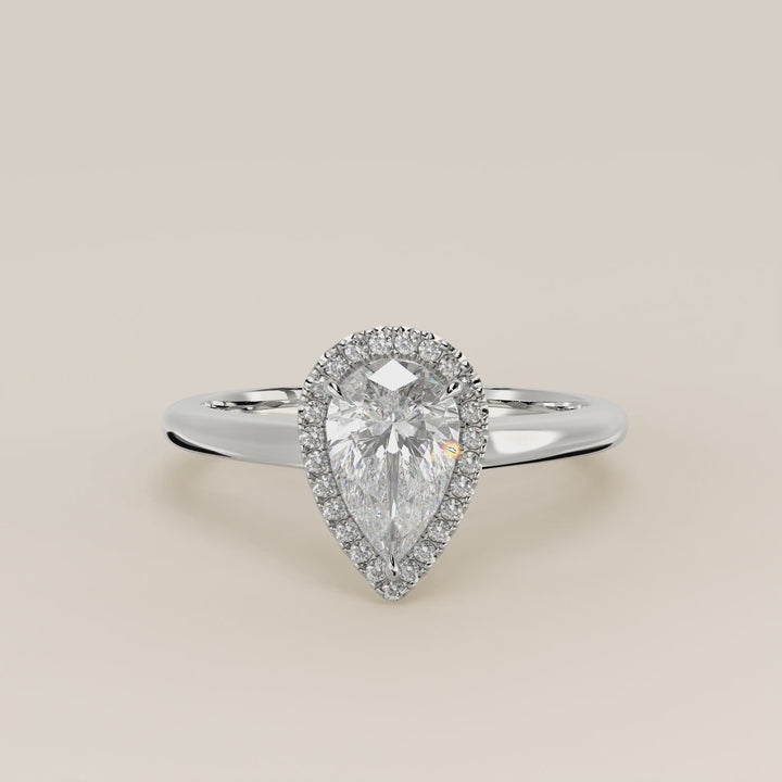Verlovingsring peer halo lab grown diamant met cathedral en hoge zetting, witgoud