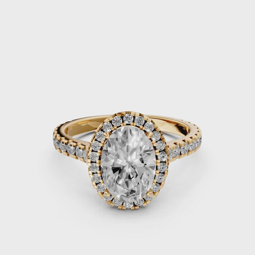 Ovale Halo Ring met Pave Band - 18K Geelgoud - 2,19 ct