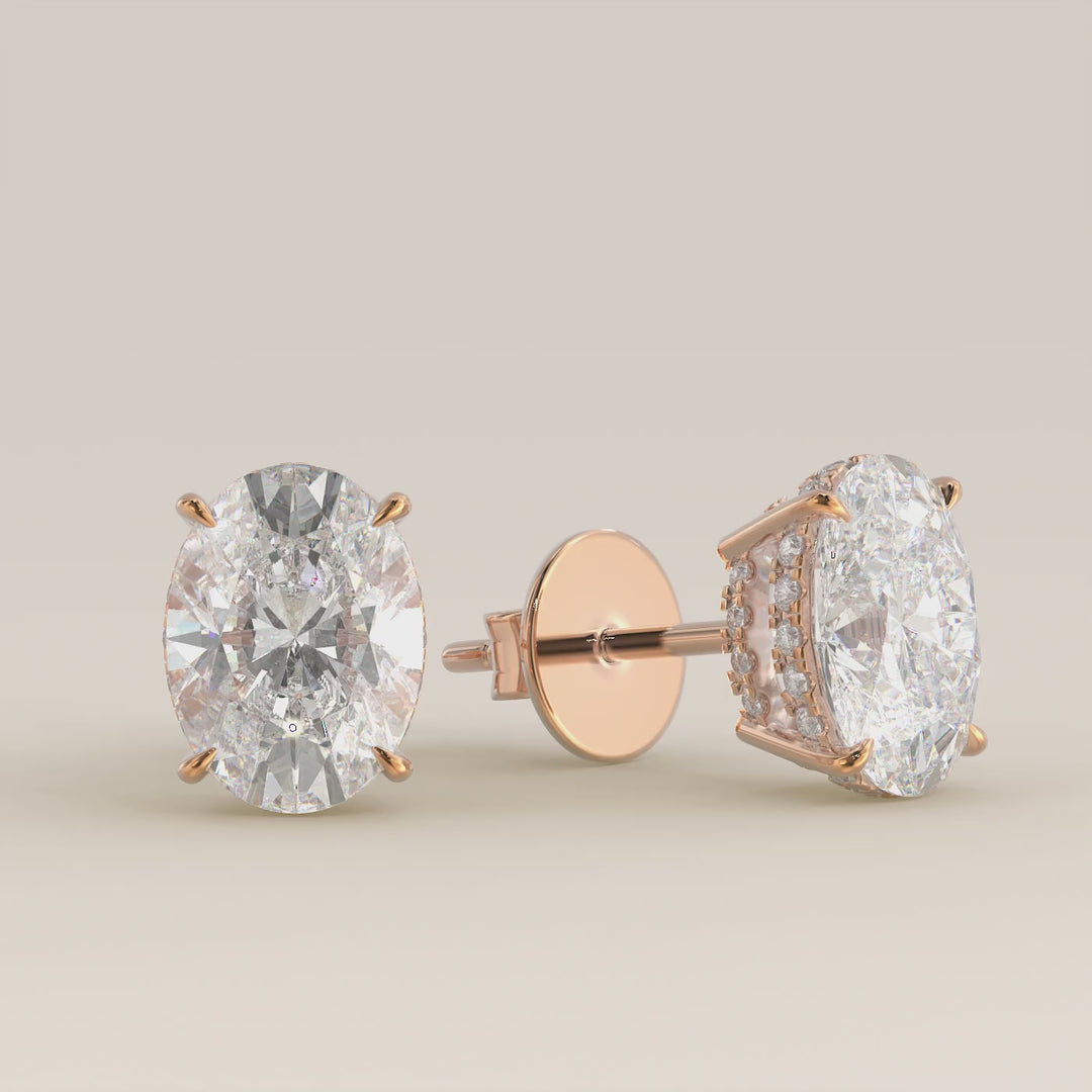 Ovaal lab grown diamanten stud oorbellen met dubbele hidden halo en basket setting, rosegoud