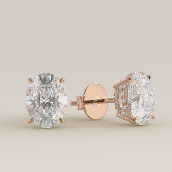 Ovaal lab grown diamanten stud oorbellen met dubbele hidden halo en basket setting, rosegoud